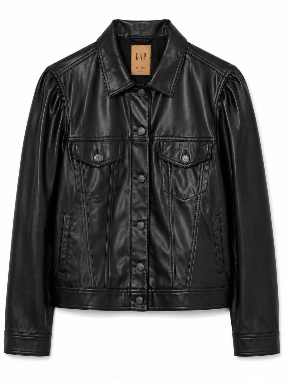 GAP Black Faux Leather Jacket with Puff Shoulders Size XXL